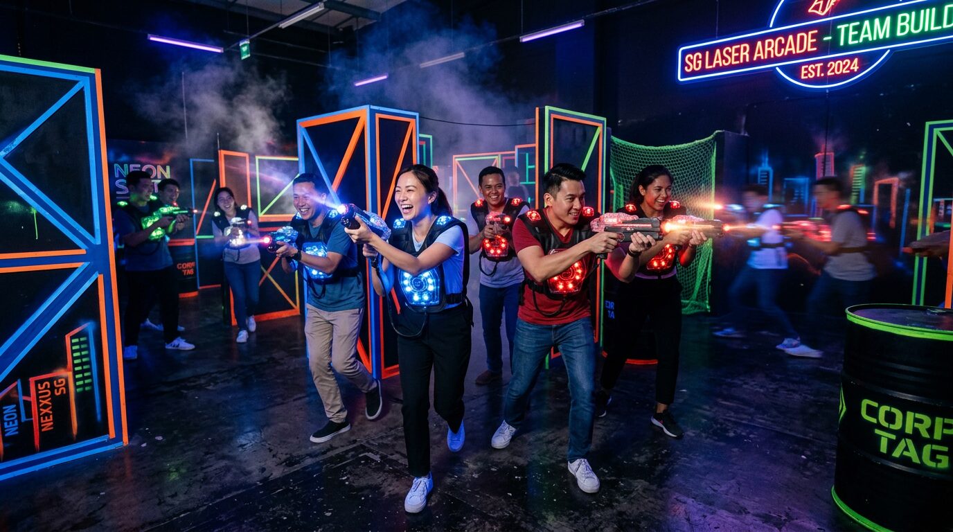 Group of corporate employees playing laser tag in Singapore - neon arena team building activity