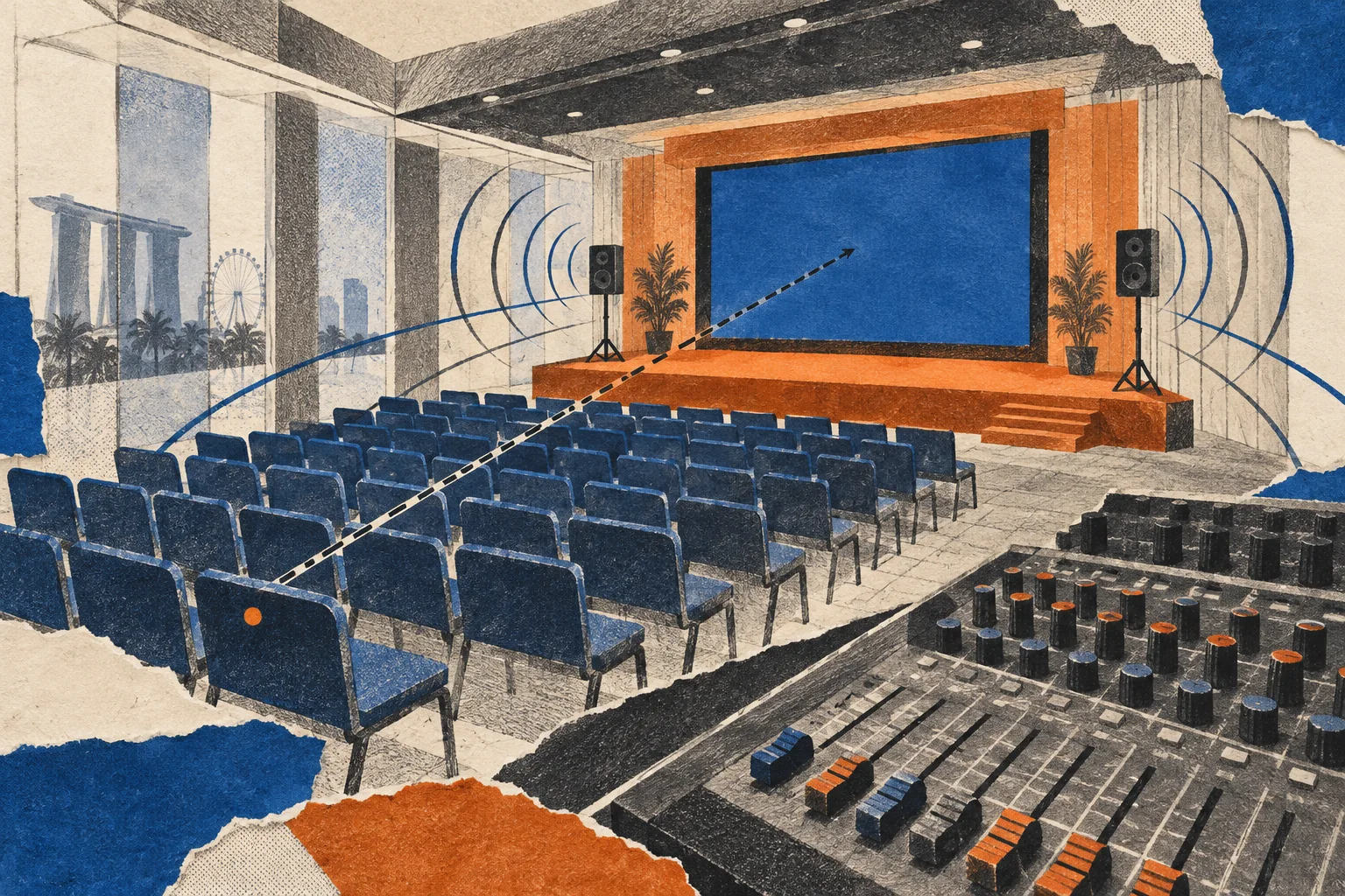 Editorial illustration of an event room with a stage screen, speakers, seating and an audio mixing desk