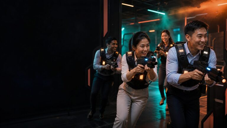 Corporate colleagues playing laser tag in an indoor arena