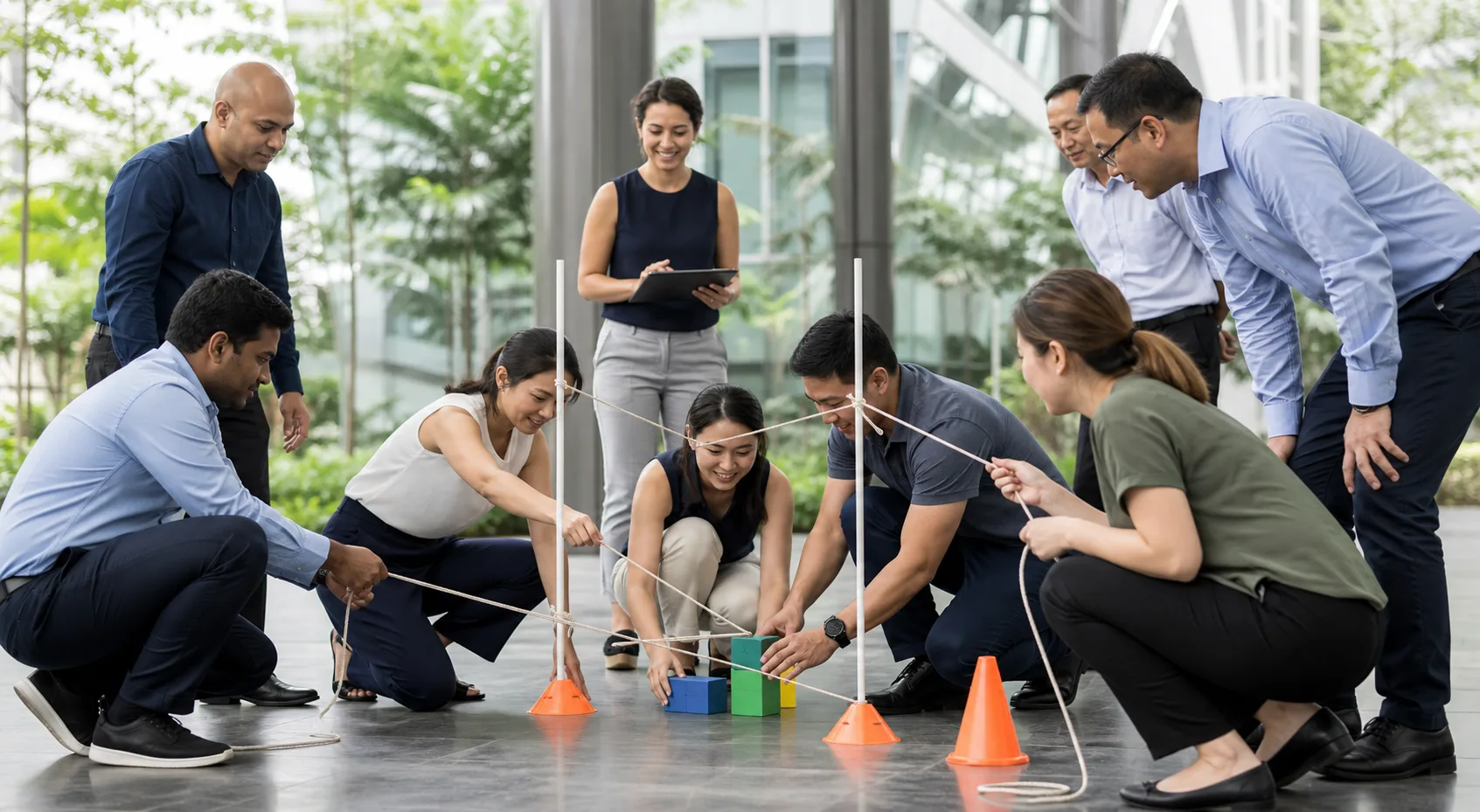 Corporate colleagues collaborating during a sheltered team-building challenge