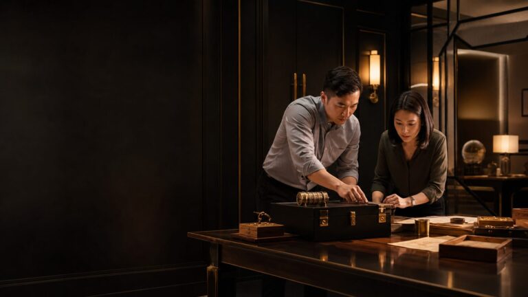 Two colleagues solving clues in a modern escape room