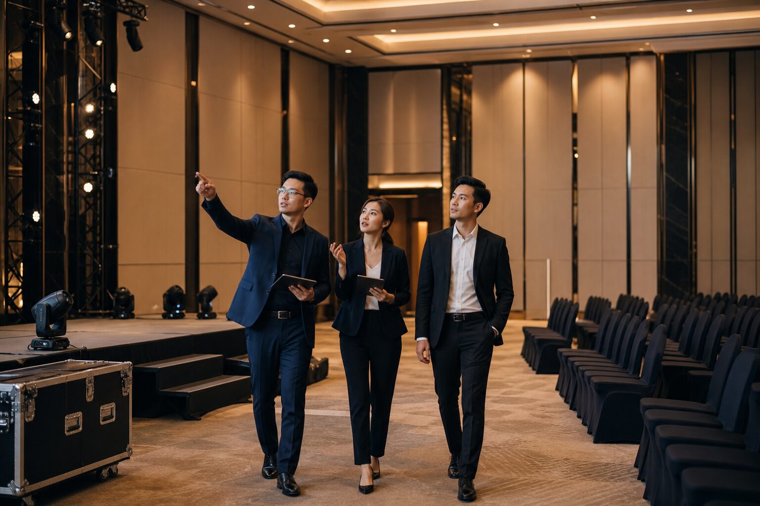 Event team inspecting a Singapore venue and reviewing production requirements