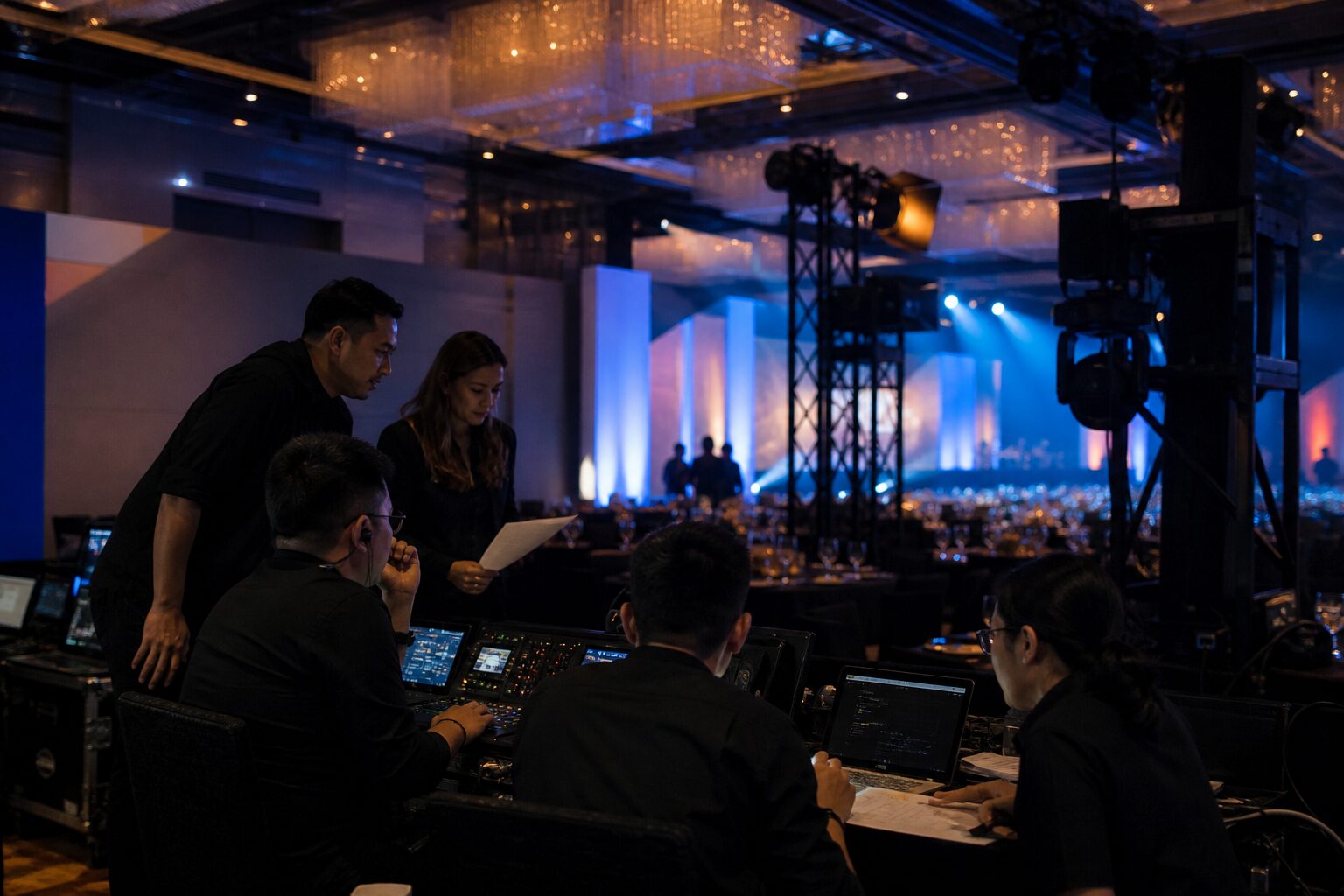 Event production team coordinating a live programme from a control position