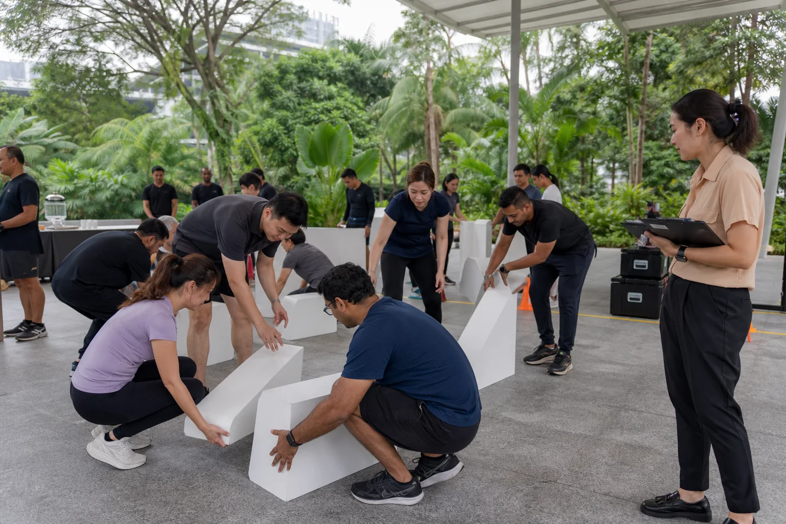 Corporate colleagues collaborating during a sheltered team-building activity