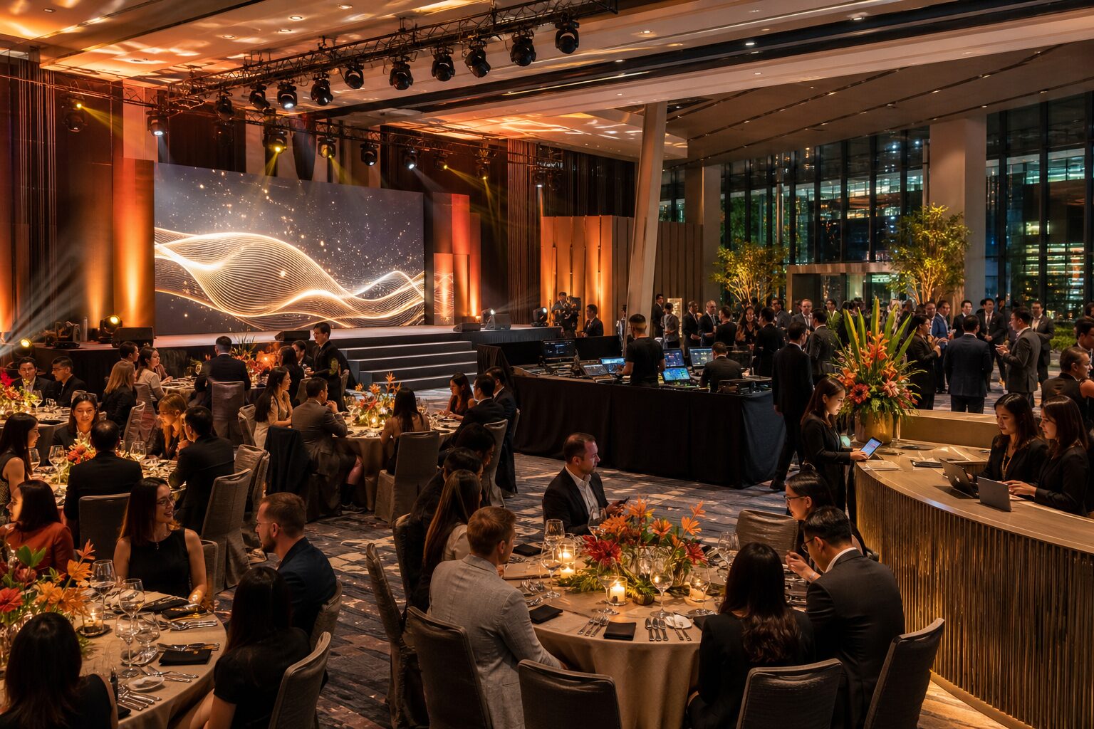 Professionally produced corporate event with stage, guests and operations areas