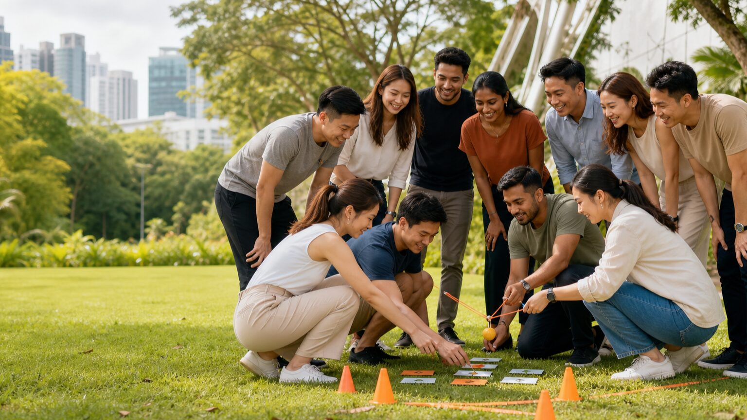 Corporate colleagues completing an outdoor team bonding activity in Singapore