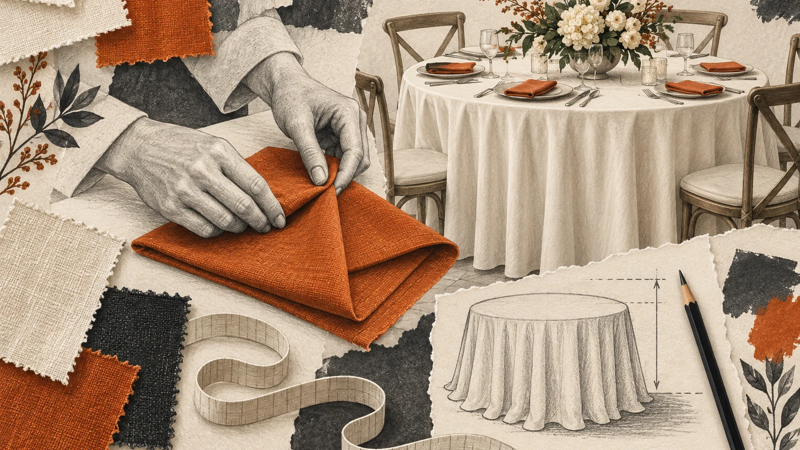 Illustration of hands folding a napkin beside fabric swatches, a table and a linen measurement sketch.