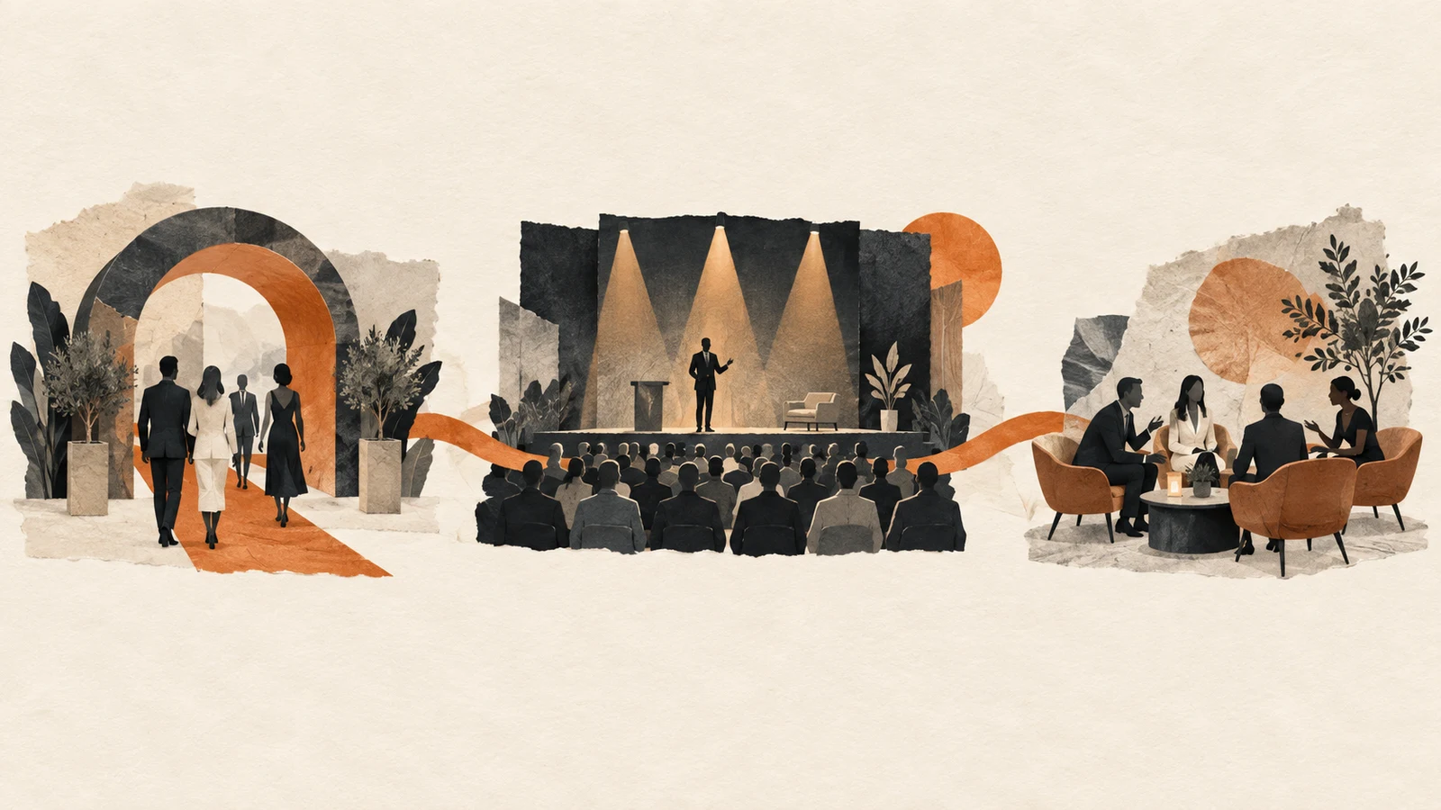 Collage of guests arriving, a staged presentation and a conversation circle linked by an orange ribbon.