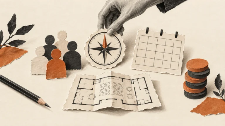 Illustration of a compass, audience, blank calendar, venue plan and budget tokens.