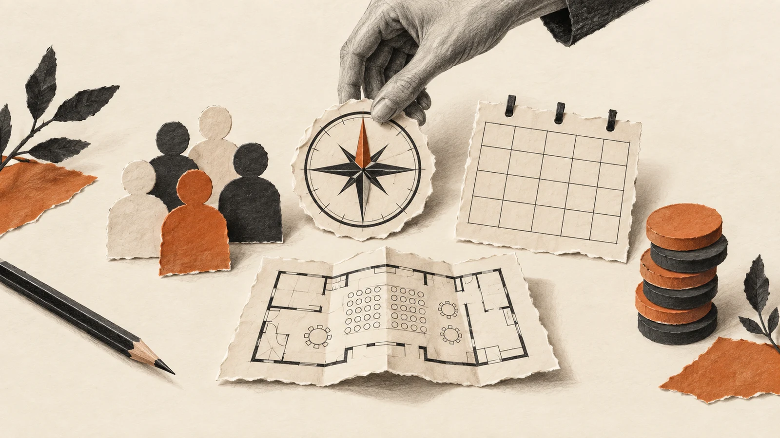 Illustration of a compass, audience, blank calendar, venue plan and budget tokens.