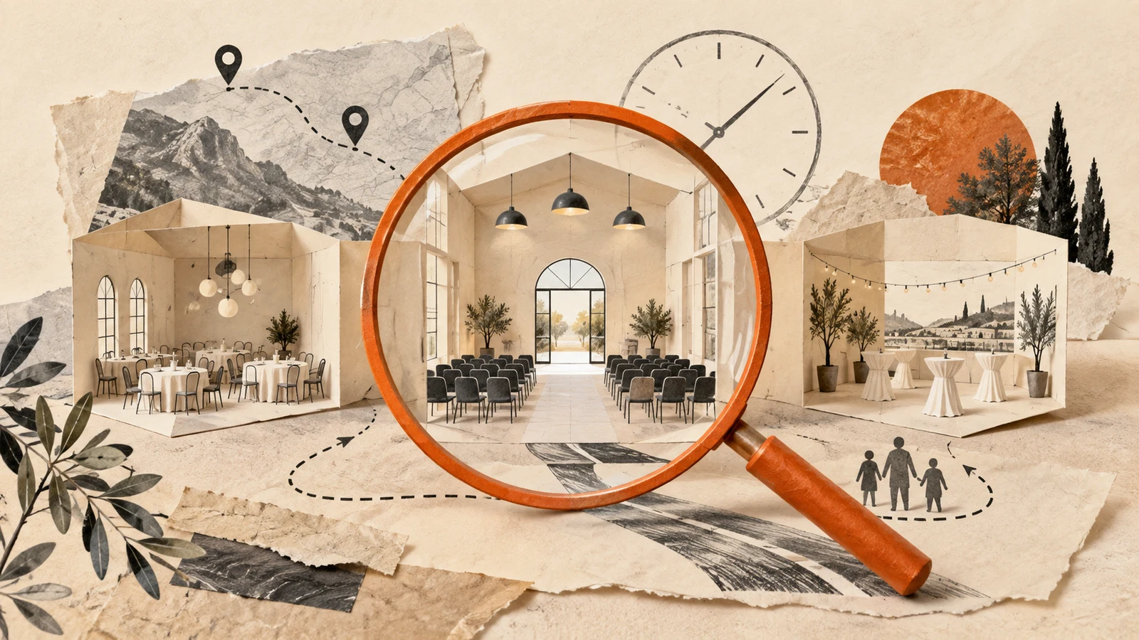 Collage of three miniature venue spaces with a magnifying glass around one room.