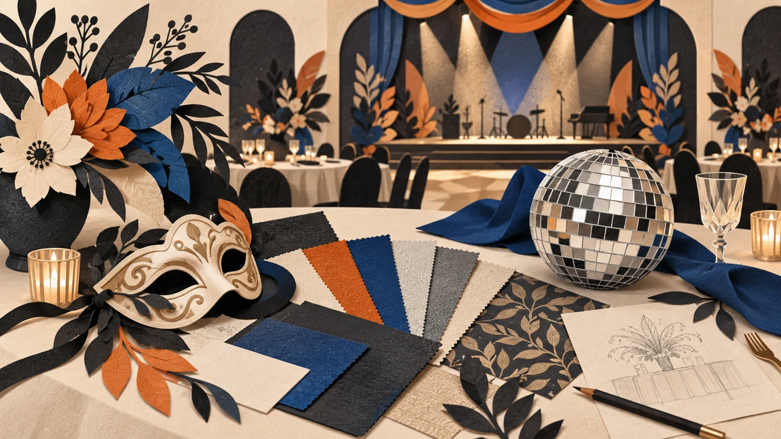 Illustration of dinner and dance theme planning with material swatches, a mask and disco ball.