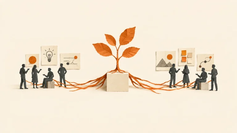 Illustration of a small paper sapling connected to conversations and planning cards by orange roots.