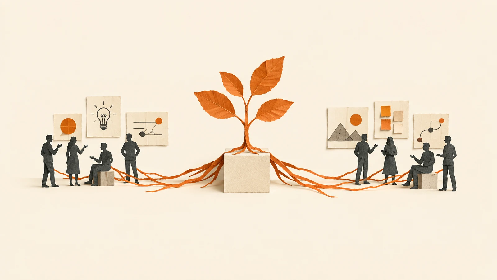 Illustration of a small paper sapling connected to conversations and planning cards by orange roots.