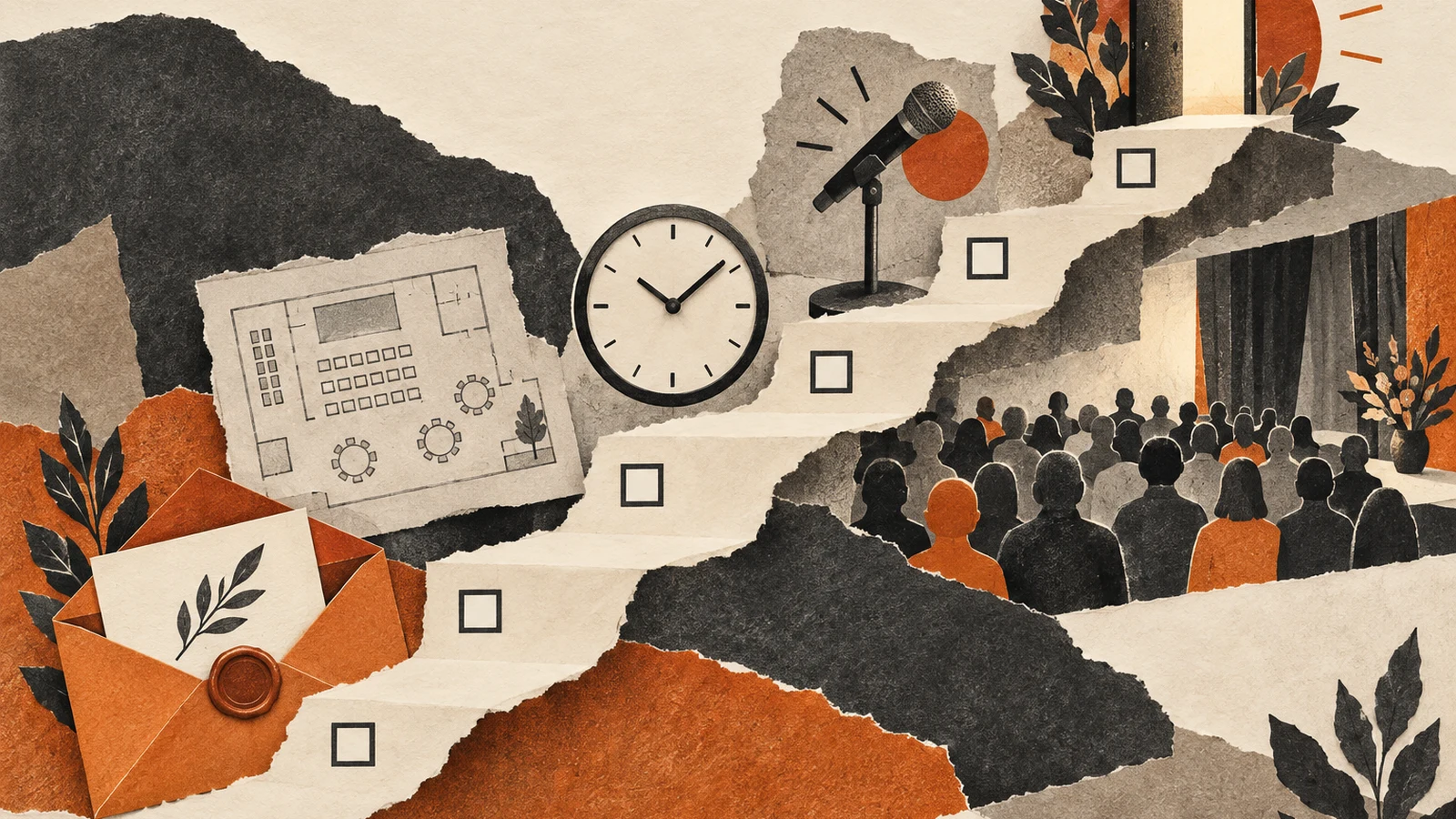 Illustration of a checklist staircase linking invitations, a venue plan, timing and an audience.