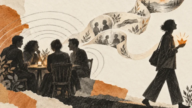 Illustration of a guest carrying a bright paper spark away from a shared gathering.