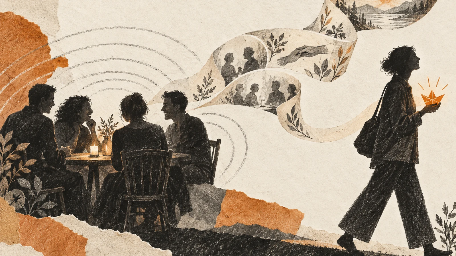Illustration of a guest carrying a bright paper spark away from a shared gathering.