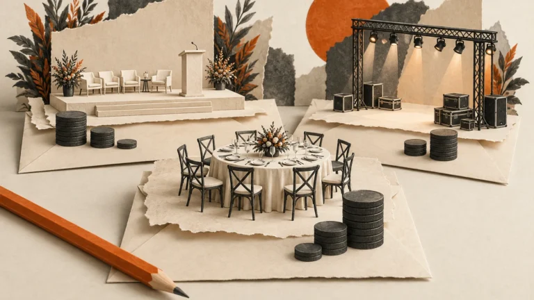 Illustration of event-stage, dining and lighting components arranged with budget tokens.