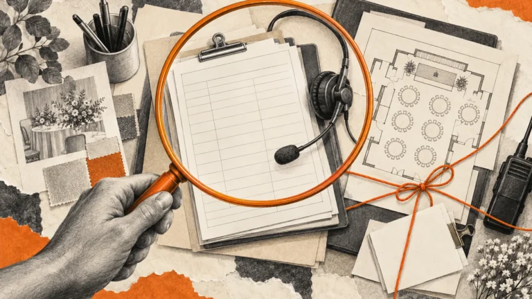 Illustration of a magnifying glass examining a planner toolkit and room plan.