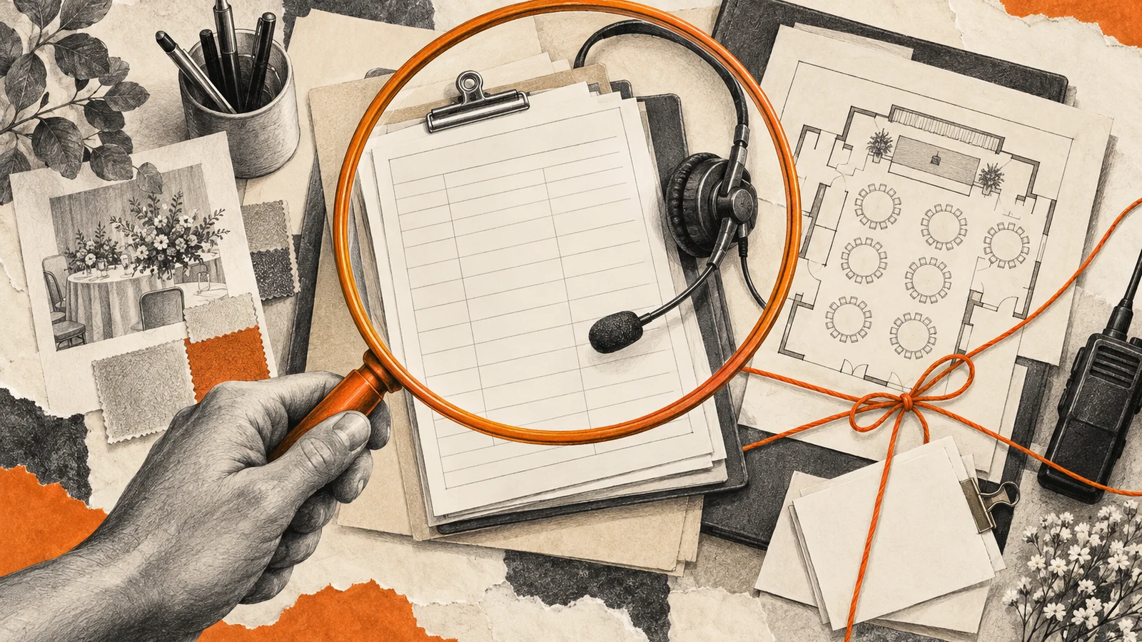 Illustration of a magnifying glass examining a planner toolkit and room plan.