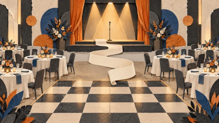 Illustration of a corporate dinner and dance layout with stage, tables and a run sheet.