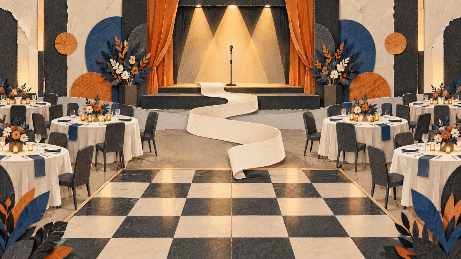 Illustration of a corporate dinner and dance layout with stage, tables and a run sheet.
