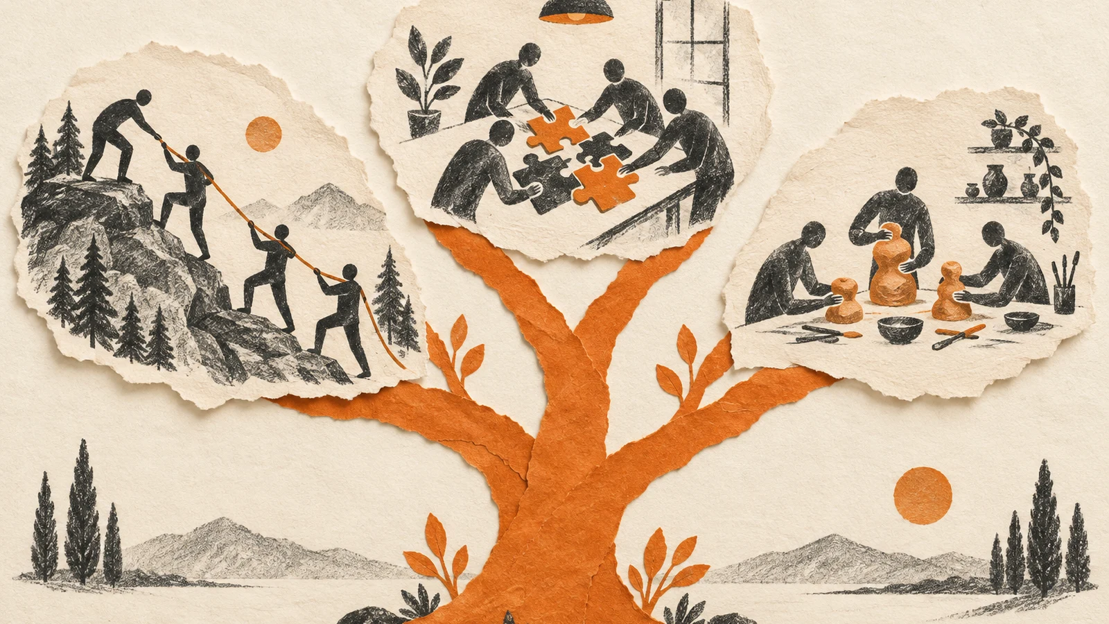Illustration of a branching tree connecting outdoor, indoor and creative team activities.