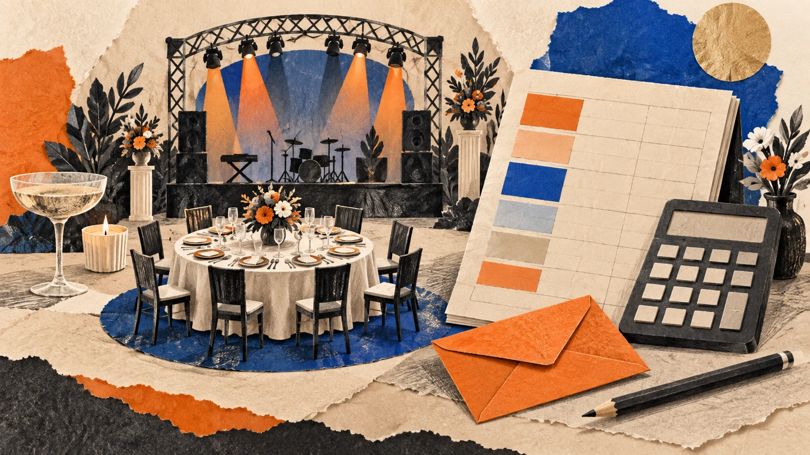Illustration of dinner and dance budget planning with a banquet table, ledger and calculator.