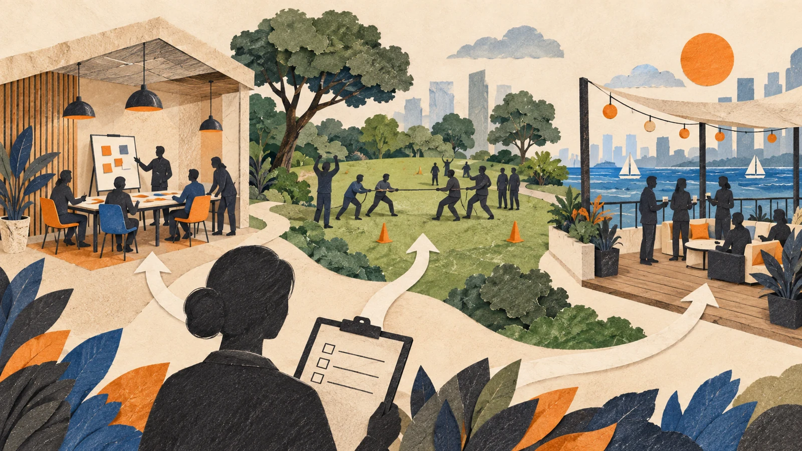 Illustration comparing indoor workshop, park and waterside team-building spaces.