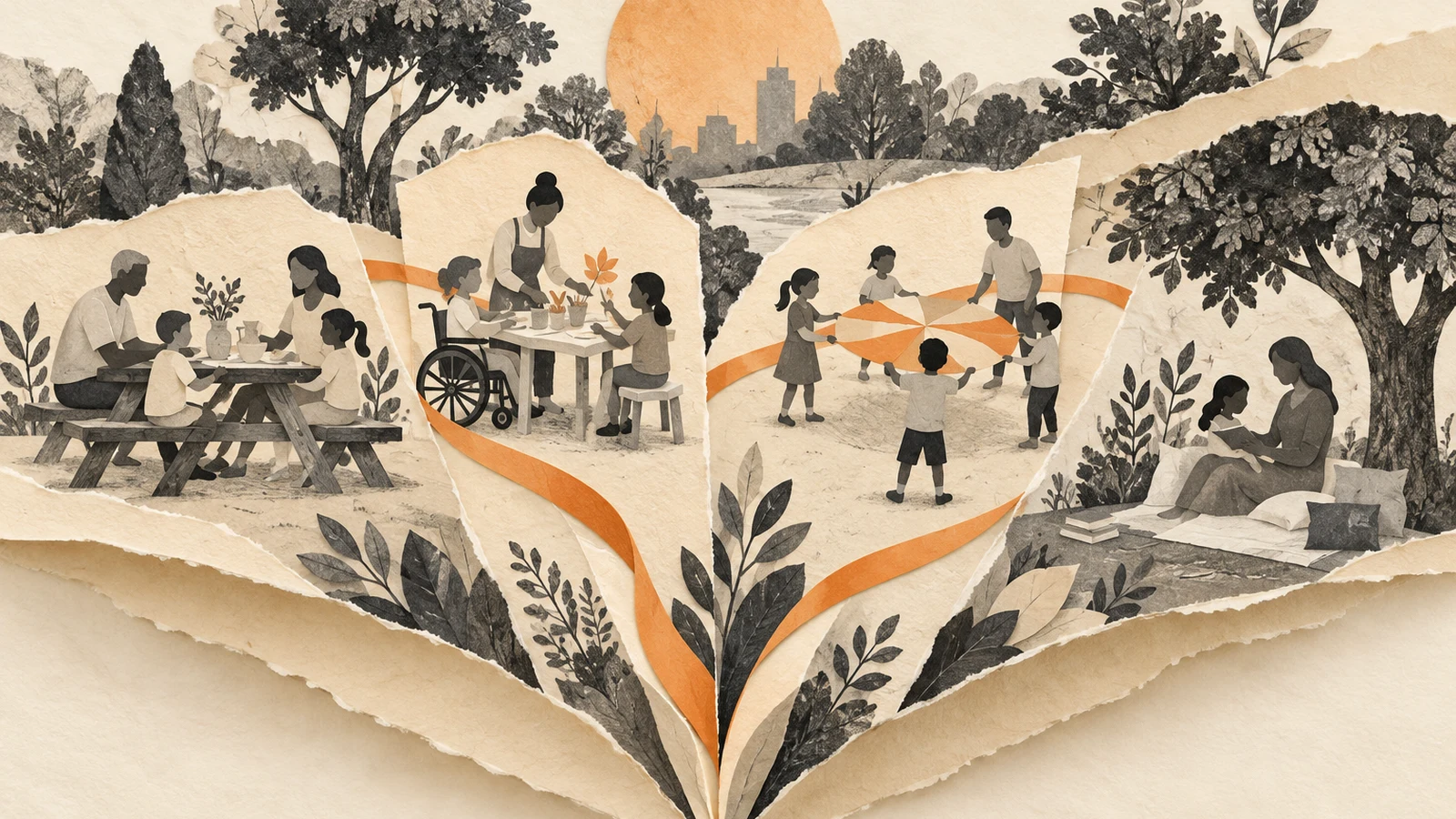 Illustration of a park with picnic, craft, play and shaded rest areas.