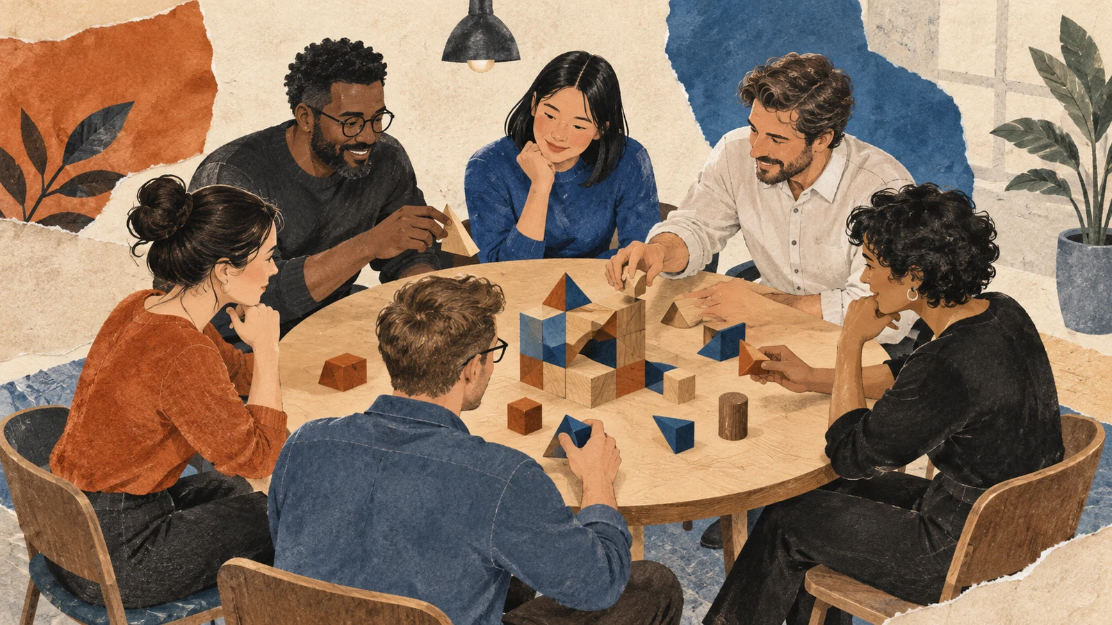 Illustration of six colleagues working together on a tabletop puzzle.