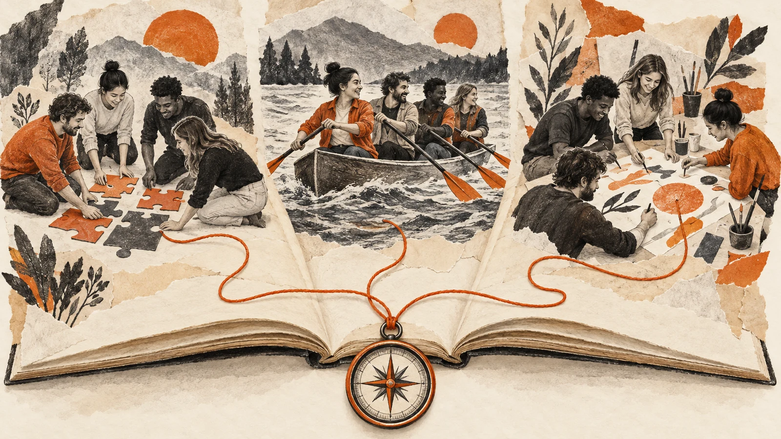 Illustration of a guidebook opening into collaborative puzzle, paddling and art activities.