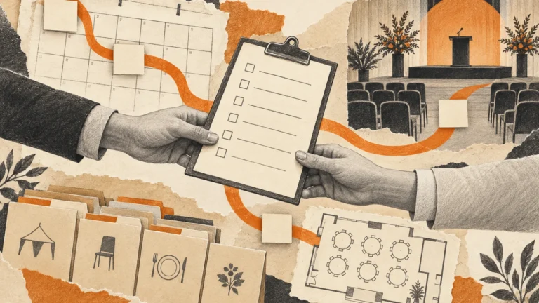 Illustration of two hands passing a planning checklist among calendar, venue and supplier papers.