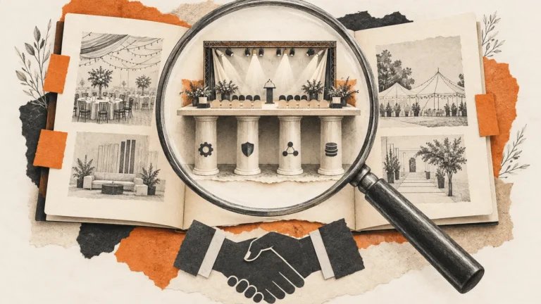 Illustration of a magnifying glass examining an event portfolio and supporting pillars.