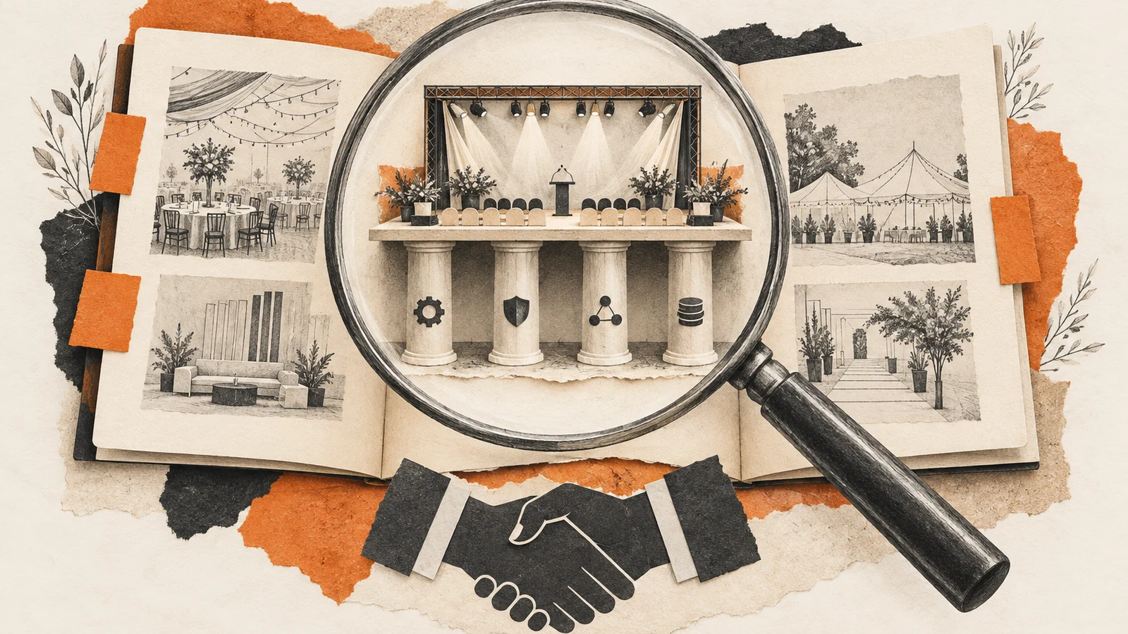 Illustration of a magnifying glass examining an event portfolio and supporting pillars.