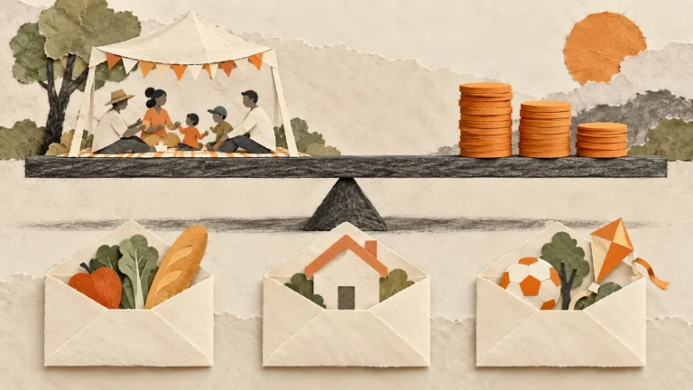 Illustration balancing a family-day picnic against budget tokens and cost envelopes.