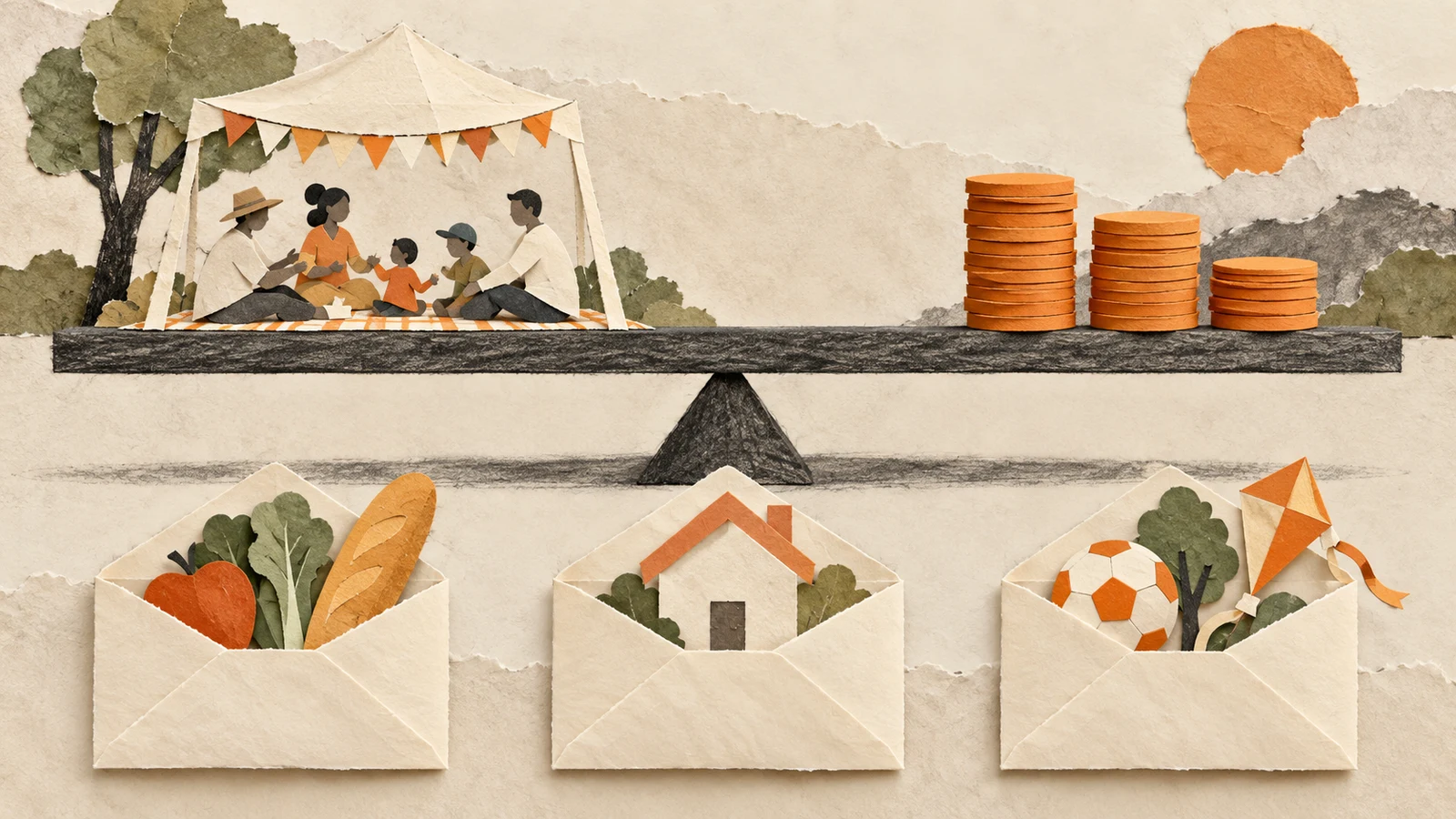 Illustration balancing a family-day picnic against budget tokens and cost envelopes.