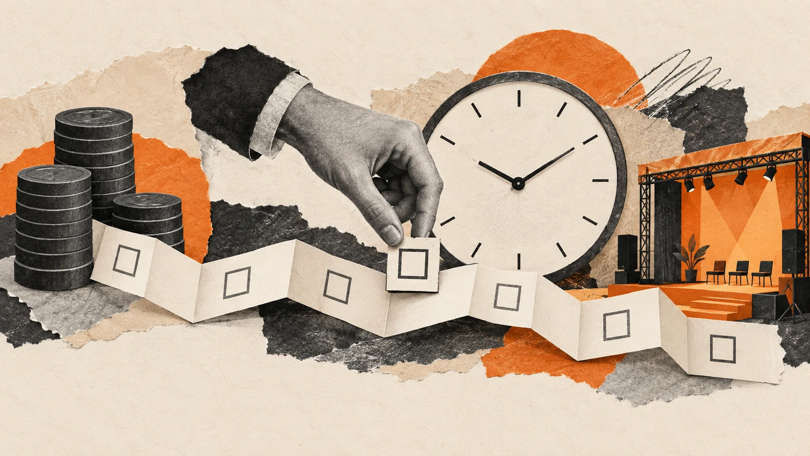 Illustration of an event timeline connecting budget tokens, a clock and a stage.