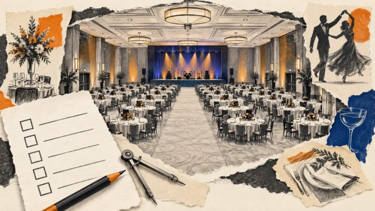 Conceptual illustration of banquet tables, a stage and a venue checklist.