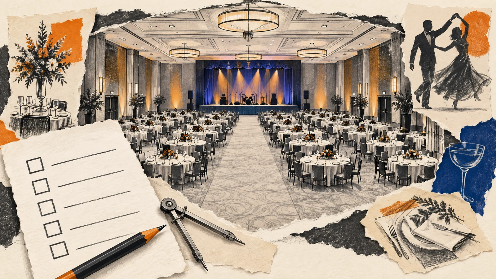 Conceptual illustration of banquet tables, a stage and a venue checklist.