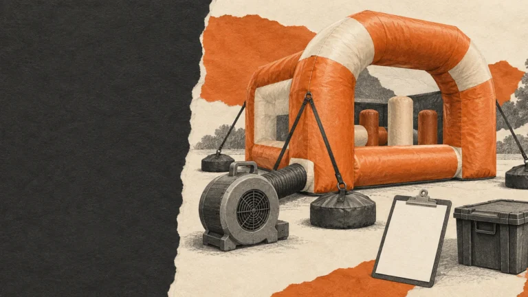 Illustration of an inflatable arch, blower, secured tethers and inspection clipboard.