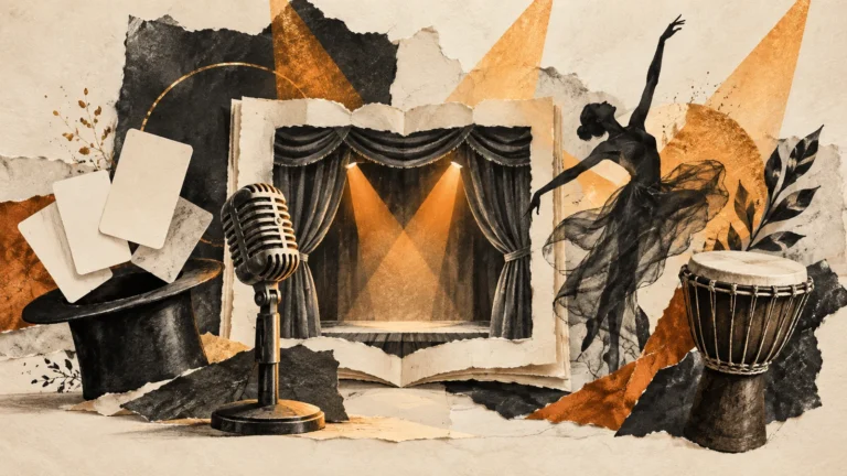 Illustration of a stage, microphone, dancer, drum and plain magician cards.