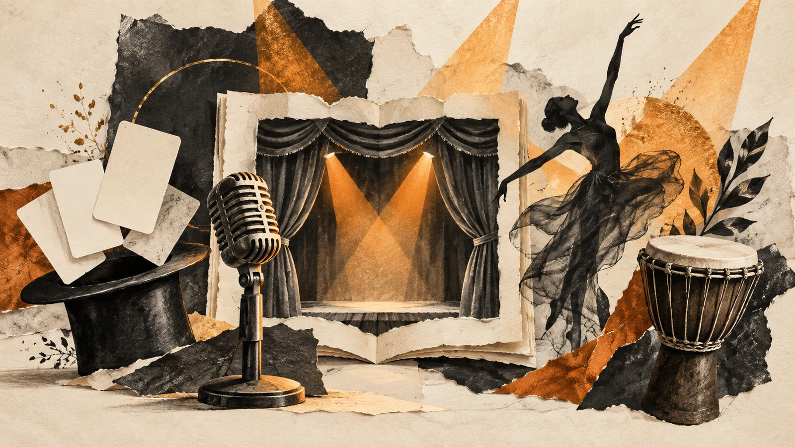 Illustration of a stage, microphone, dancer, drum and plain magician cards.