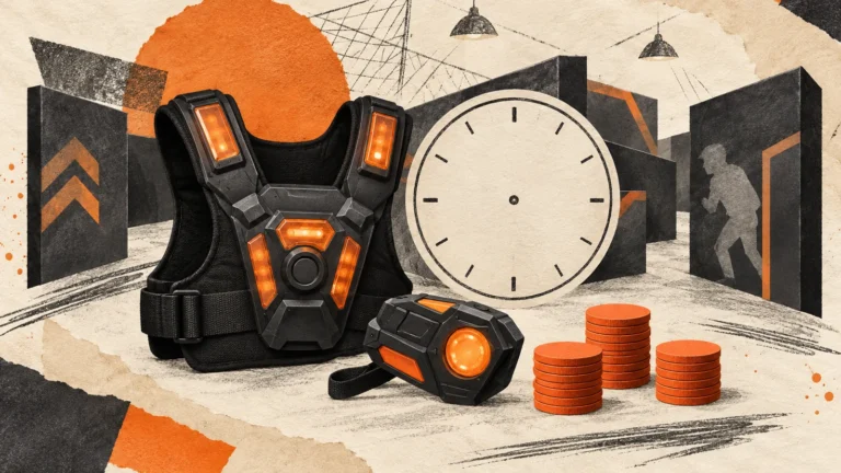 Illustration of laser-tag equipment with a clock and budget tokens.