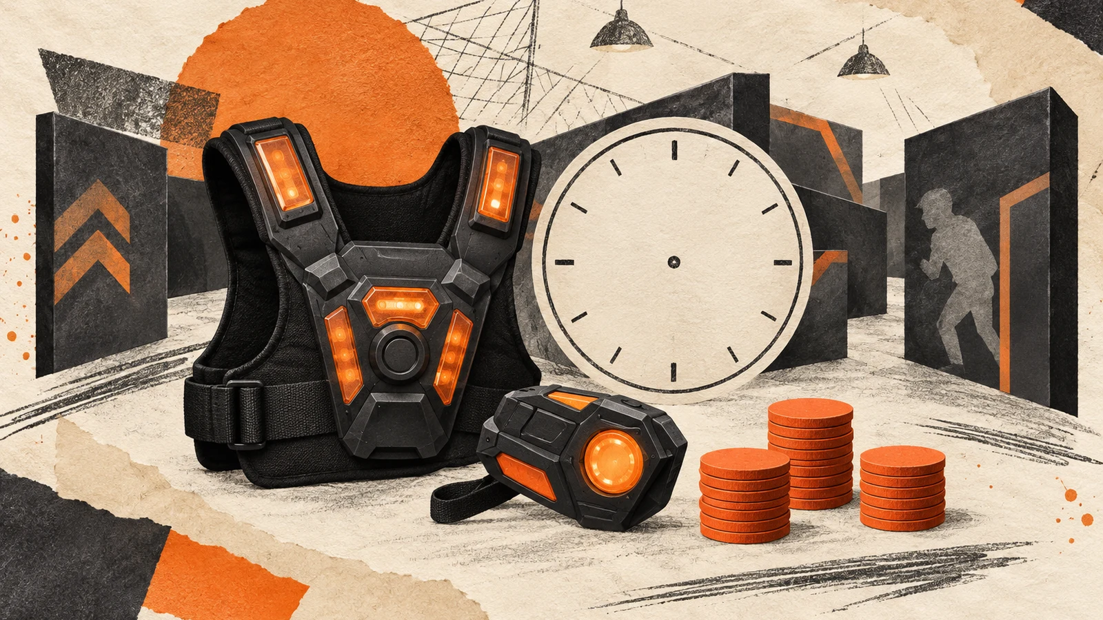 Illustration of laser-tag equipment with a clock and budget tokens.