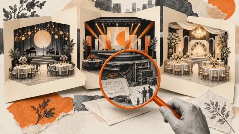 Collage comparing event proposal folders with stages, dinner tables and production details.