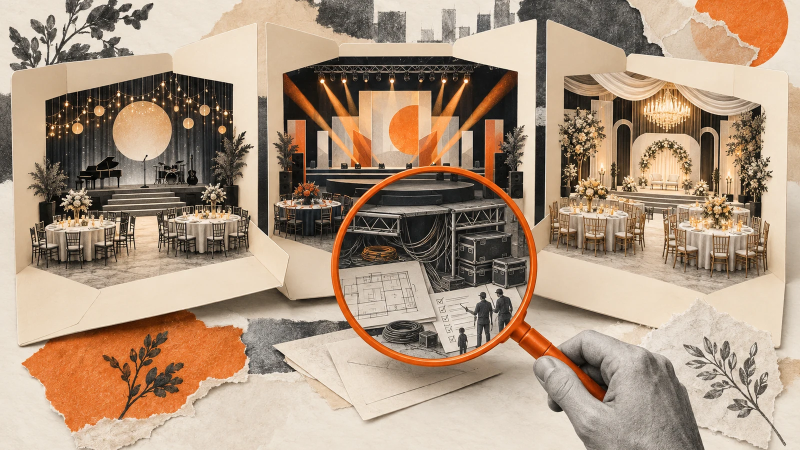 Collage comparing event proposal folders with stages, dinner tables and production details.