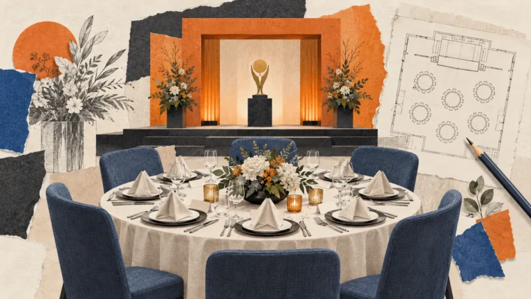 Illustration of a gala dinner table, stage and event floor plan.
