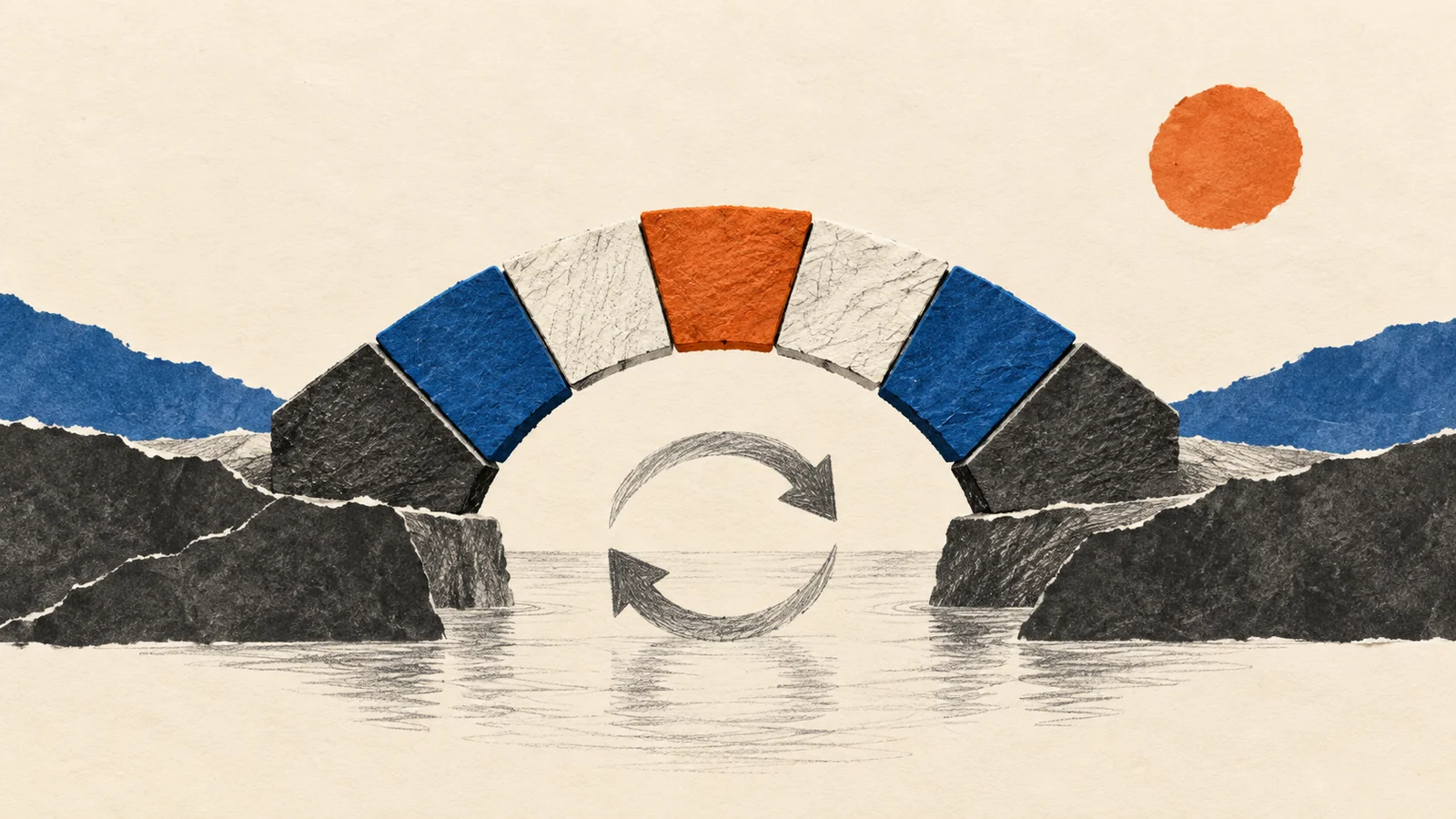 Editorial illustration of varied blocks forming a bridge around an orange keystone.