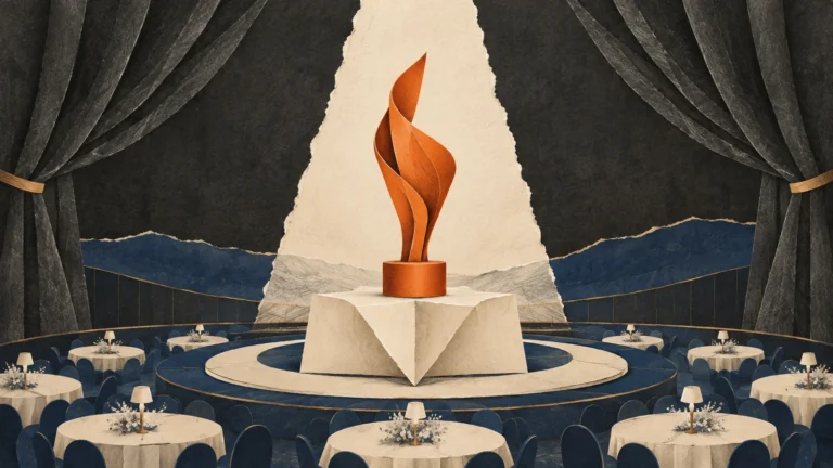 Editorial illustration of a trophy under a spotlight surrounded by gala dinner tables.